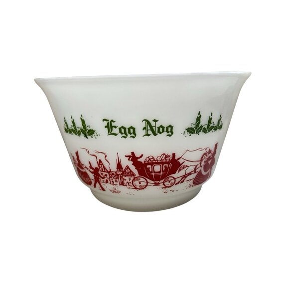 1950s Hazel Atlas Milk Glass Christmas Egg Nog Punch Bowl Set with 6 Cups - Picture 2 of 11